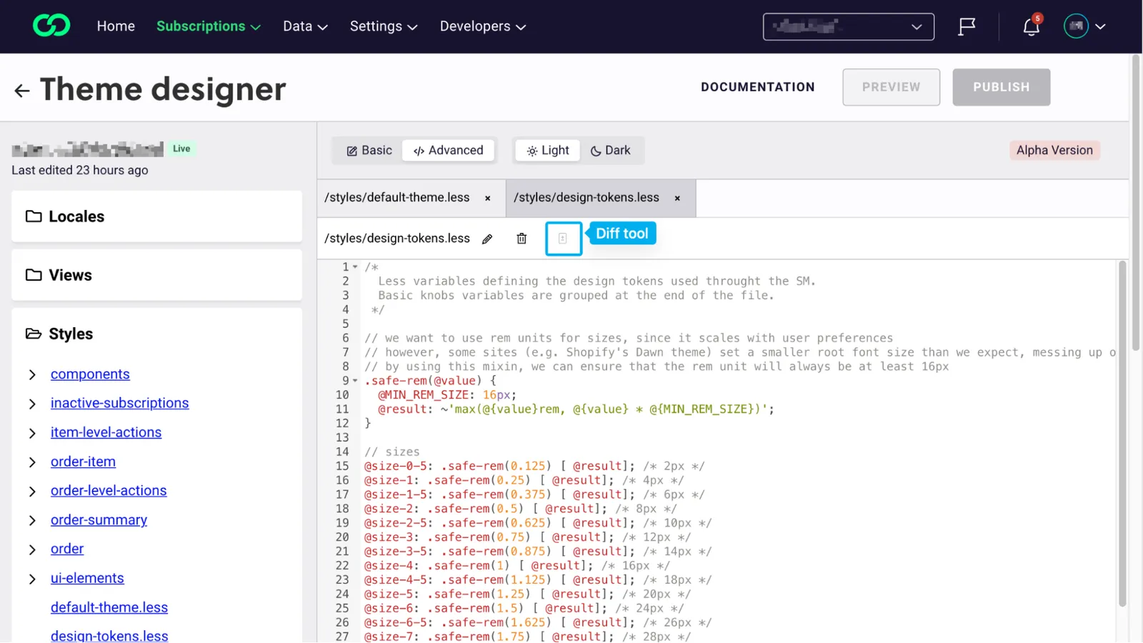 The Theme designer in RC3 for the Subscription Manager, in the Advanced editor with /styles/design-tokens.less open. In the editor's header bar, next to the pencil and trash icons, a small button outlined in blue and labeled Diff tool has a grayed-out icon. The file list on the left shows the Locales, Views and Styles folders.