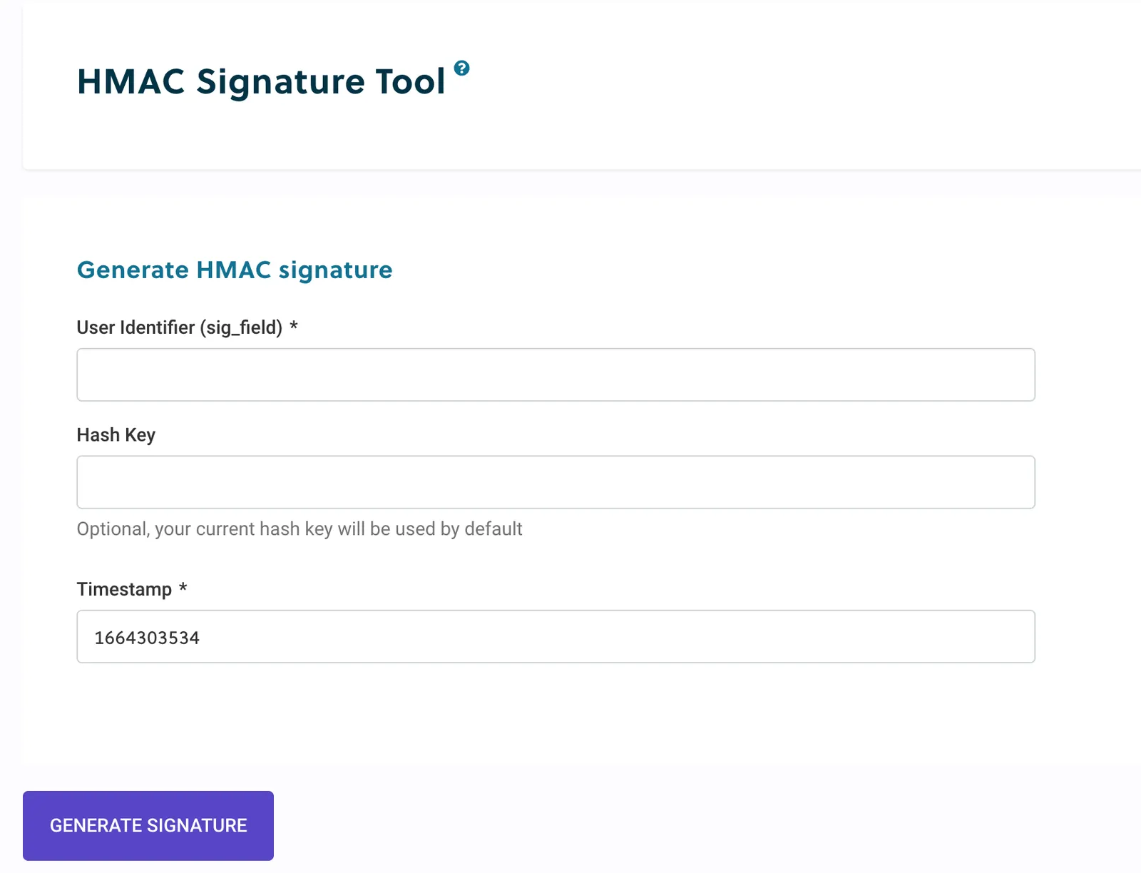 The HMAC Signature Tool in RC3, with a Generate HMAC signature form. It has a required User Identifier (sig_field) field and an optional Hash Key field, both empty, with a note that your current hash key is used by default. A required Timestamp field is pre-filled with a 10-digit Unix timestamp. A Generate Signature button sits below.