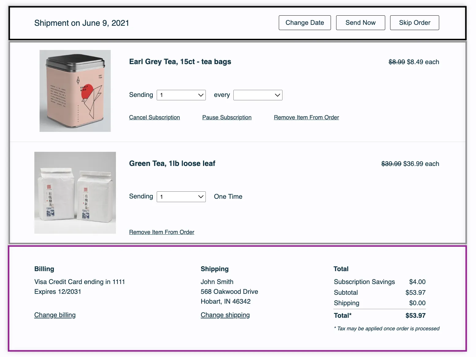 An unsent order in the legacy (v0) Subscription Manager, split into three outlined sections. A black outline marks the Header: Shipment on June 9, 2021, with Change Date, Send Now and Skip Order buttons. A gray outline marks the Body: two products, Earl Grey Tea (a subscription) and Green Tea (One Time), each with a quantity dropdown, a price and a Remove Item From Order link. A purple outline marks the Footer: Billing, Shipping and Total panels.
