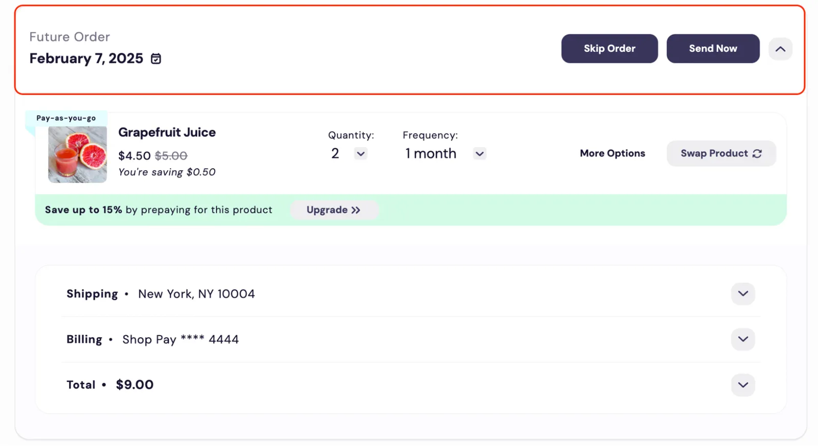 The Subscription Manager's order header, which order/order-header.liquid renders, outlined in red: Future Order, the date February 7, 2025 with a calendar icon, Skip Order and Send Now buttons, and an up chevron. The Grapefruit Juice order item and summary rows appear below it.