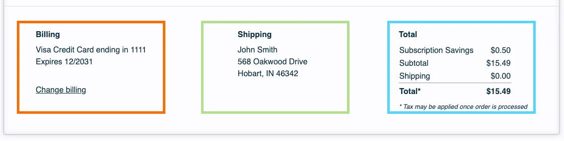 The shipment-footer of an order in the legacy (v0) Subscription Manager, split into three outlined panels. An orange-red outline marks og-billing, with a Visa credit card, its expiration date and a Change billing link. A light green outline marks og-shipping, with a sample name and address. A cyan outline marks og-total-table, ending in a Total of $15.49.