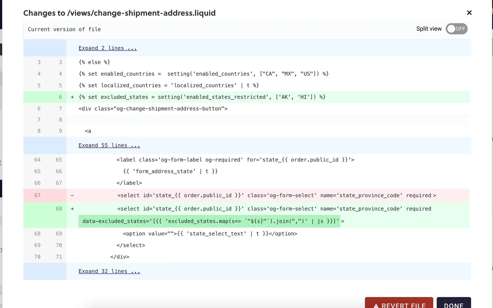 The Subscription Manager code editor's changes dialog for /views/change-shipment-address.liquid, with two additions in green: an excluded_states setting at line 6, and a data-excluded_states attribute on the state select element, replacing the line shown in red.