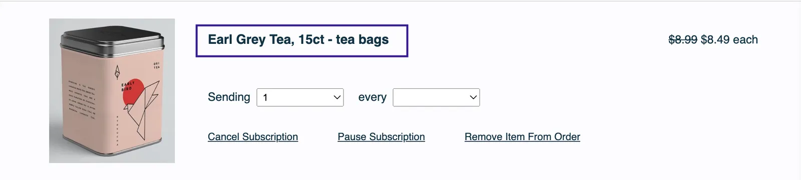 The product row of an unsent order, with the Product Description outlined in indigo. The outline contains only the product name: Earl Grey Tea, 15ct - tea bags.