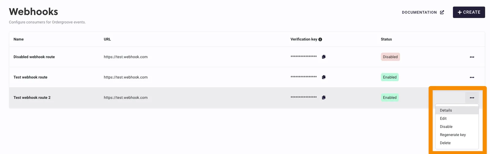 The Webhooks page in RC3 with three webhooks listed. The three-dot menu on the last row, Test webhook route 2, is open and outlined in orange, showing Details, Edit, Disable, Regenerate key, and Delete, with Details highlighted.