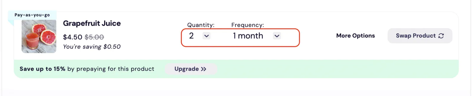 The Subscription Manager's Quantity and Frequency dropdowns, which order-item/order-controls.liquid renders, outlined together in red on the Grapefruit Juice order item, with Quantity set to 2 and Frequency set to 1 month.