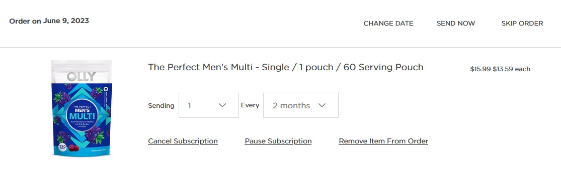 An upcoming order in the Subscription Manager, as a subscriber sees it, with Change Date, Send Now and Skip Order options in the order header. Under a men's multivitamin item set to send 1 every 2 months are the item-level Cancel Subscription, Pause Subscription and Remove Item From Order links; Cancel Subscription is the option that starts a cancellation.