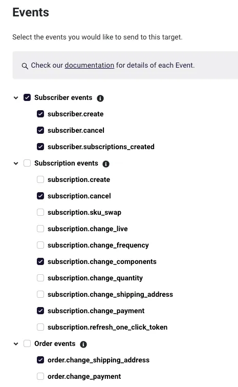 The Events section of the webhook edit page in RC3, with a checkbox beside each event group and each event. Subscriber events is expanded, with subscriber.create, subscriber.cancel, and subscriber.subscriptions_created checked. Subscription events is expanded, with only subscription.cancel, subscription.change_components, and subscription.change_payment checked among its ten events. Order events is expanded, with order.change_shipping_address checked and order.change_payment unchecked, and the image ends partway down that list.