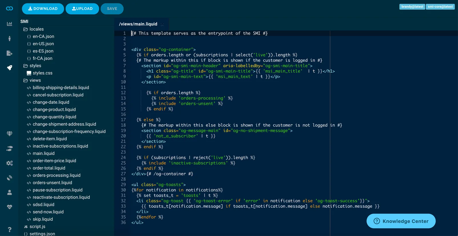 The advanced editor in RC3, with Download, Upload and Save buttons at the top, a file tree on the left (locales, styles and views folders, script.js and settings.json), and views/main.liquid open in a tab with line-numbered Liquid code.