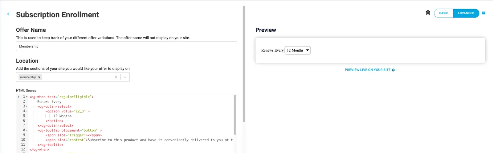 The Subscription Enrollment editor in Advanced mode, for an offer named Membership at the location membership. Its HTML source offers only a Renews Every 12 Months option, and the preview shows the same, with no one-time option.