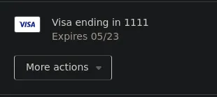A saved payment card in Shopify admin's customer view, showing a Visa logo, the card's last four digits and expiry date, and a More actions button.