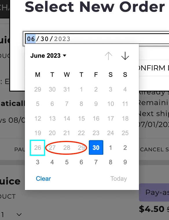 The Subscription Manager's change date calendar, open on June 2023 with June 30 selected. June 26, today's date, is outlined in light blue, and June 27 to 29 are circled in red. These dates and every earlier date are grayed out, so June 30 is the earliest selectable date.