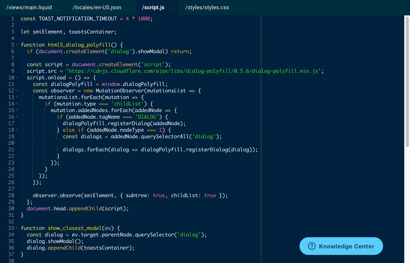 JavaScript syntax highlighting in the advanced editor, with script.js open: keywords such as const, function and if, function names, numbers and quoted strings each shown in a different color, with strings in green and numbers in pink.