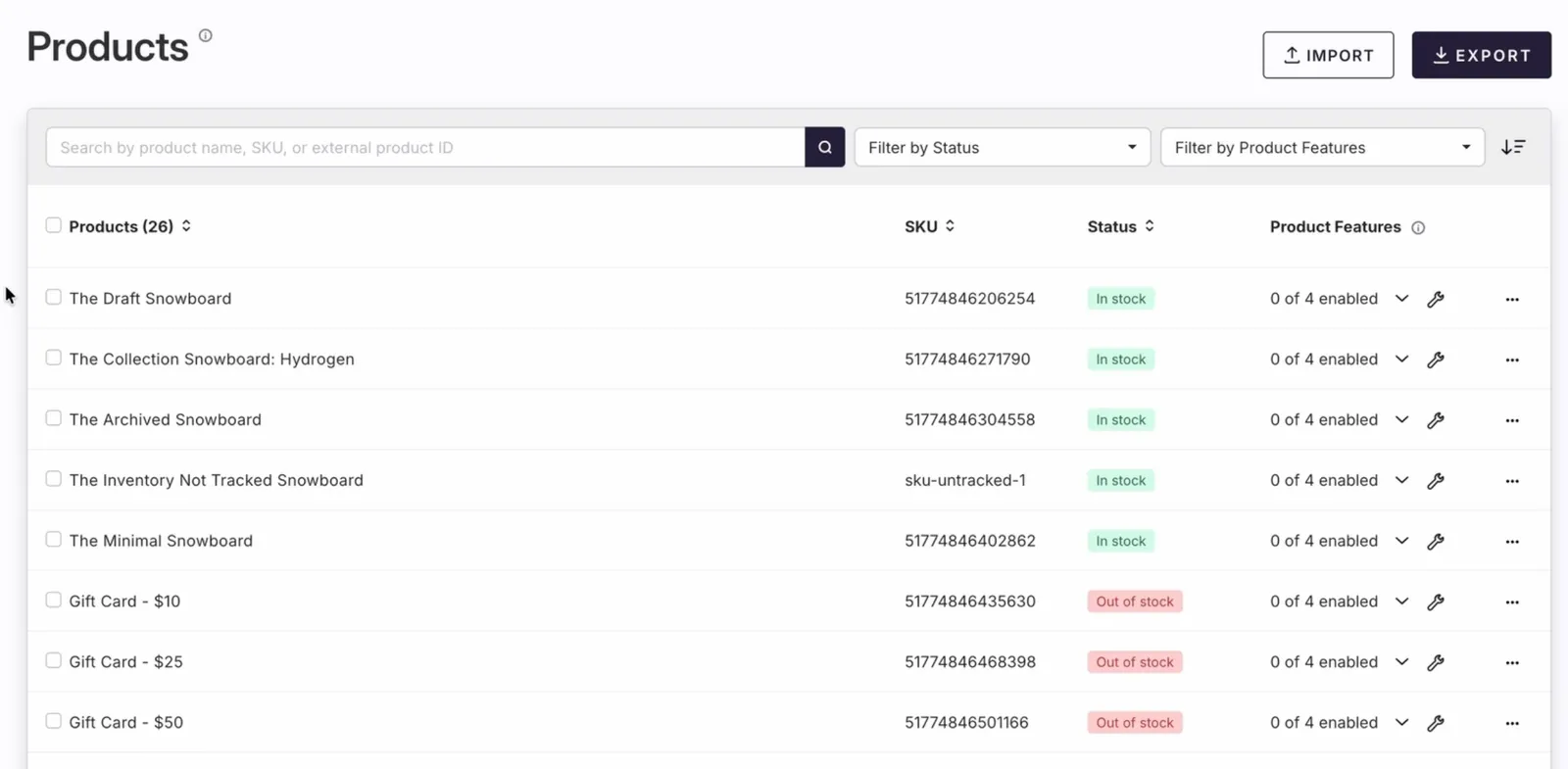 The Products page in RC3, headed Products (26), listing the Shopify sample products with SKU, Status and Product Features columns. The visible snowboard rows are marked In stock, the Gift Card rows are marked Out of stock, and each row shows 0 of 4 enabled under Product Features.