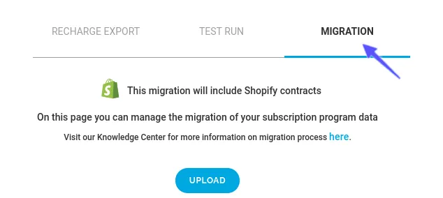 The Migrations page in RC3 with the Migration tab selected and an arrow pointing at it, after the Recharge Export and Test Run tabs. The Shopify logo appears next to the message 'This migration will include Shopify contracts', above an Upload button.