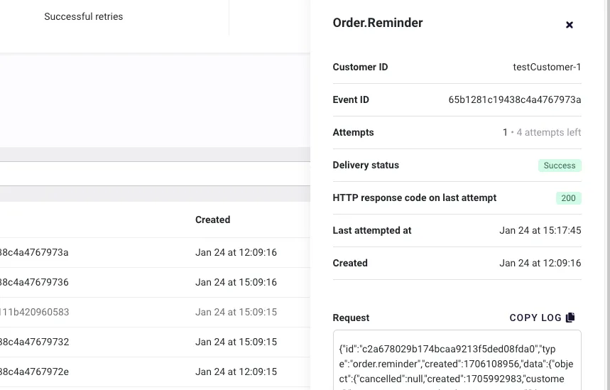 The delivery details panel for an Order.Reminder event, open at the right of the results table in RC3. It lists Customer ID, Event ID, Attempts (1 made, 4 left), Delivery status (Success), HTTP response code on last attempt (200), Last attempted at, and Created. The image ends partway into the Request section, which has a Copy log button above the start of the JSON payload.