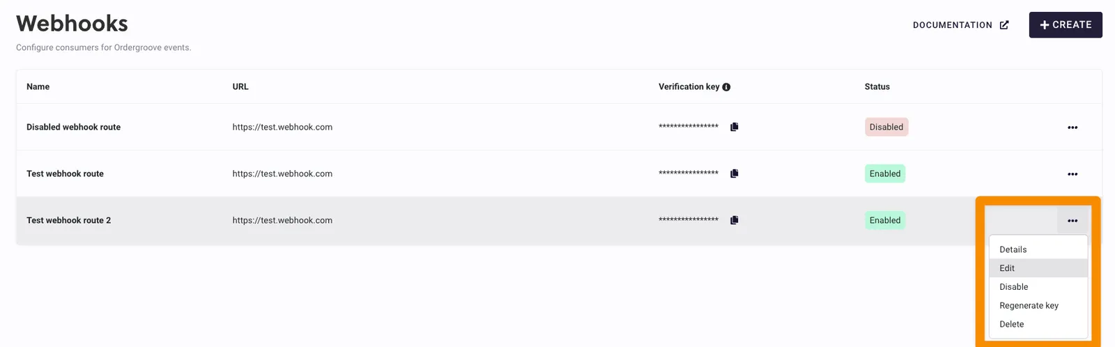 The Webhooks page in RC3 with three webhooks listed. The three-dot menu on the last row, Test webhook route 2, is open and outlined in orange, showing Details, Edit, Disable, Regenerate key, and Delete, with Edit highlighted.