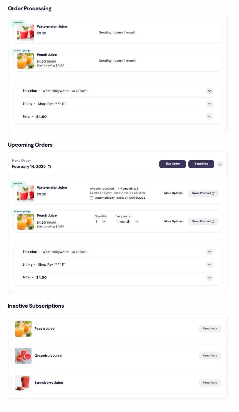 The full Subscription Manager page, which the root-level main.liquid lays out, in three stacked sections. Order Processing shows an order with Watermelon Juice and Peach Juice. Upcoming Orders shows the next order, February 14, 2025, with Skip Order and Send Now buttons. Inactive Subscriptions lists three juices, each with a Reactivate button.