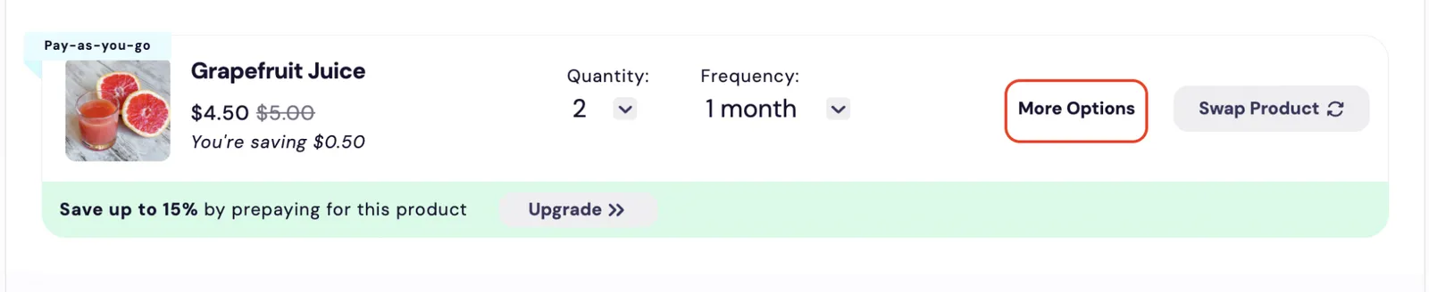 The Subscription Manager's More Options button, which order-item/more-options-dropdown.liquid renders, outlined in red on the Grapefruit Juice order item, between the Frequency dropdown and the Swap Product button.
