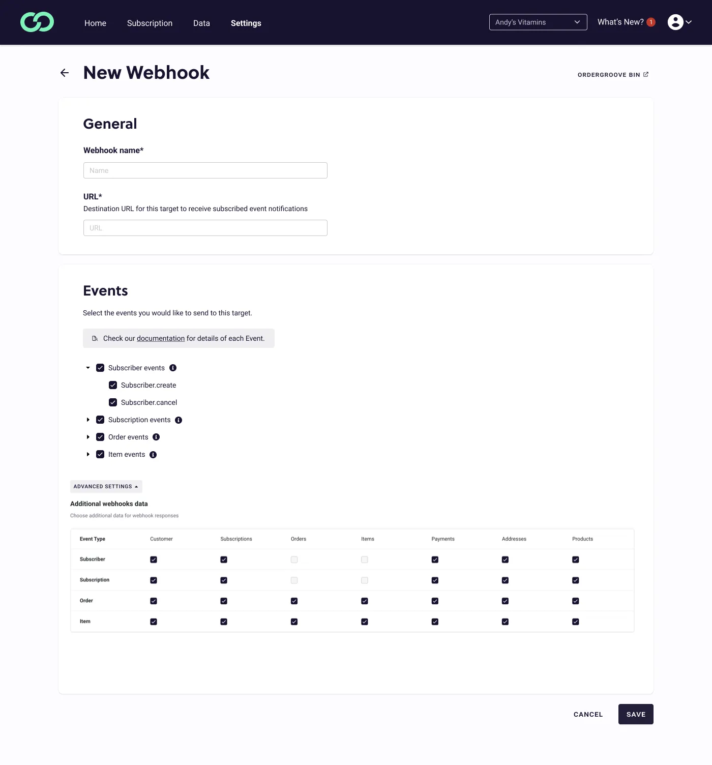The New Webhook page in RC3, with empty Webhook name and URL fields. All four event groups, Subscriber, Subscription, Order, and Item, are checked, with Subscriber events expanded. In the expanded Advanced settings, the Additional webhooks data table has every box checked except Orders and Items for the Subscriber and Subscription rows, which are grayed out. Cancel and Save buttons sit below.