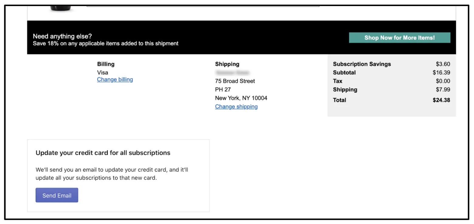 The lower part of the Subscription Manager page for a store using Shopify Payments, with the Billing, Shipping and order totals summary above an Update your credit card for all subscriptions box. The box explains that an email will be sent to update the credit card on all subscriptions, and has the Send Email button the customer clicks.