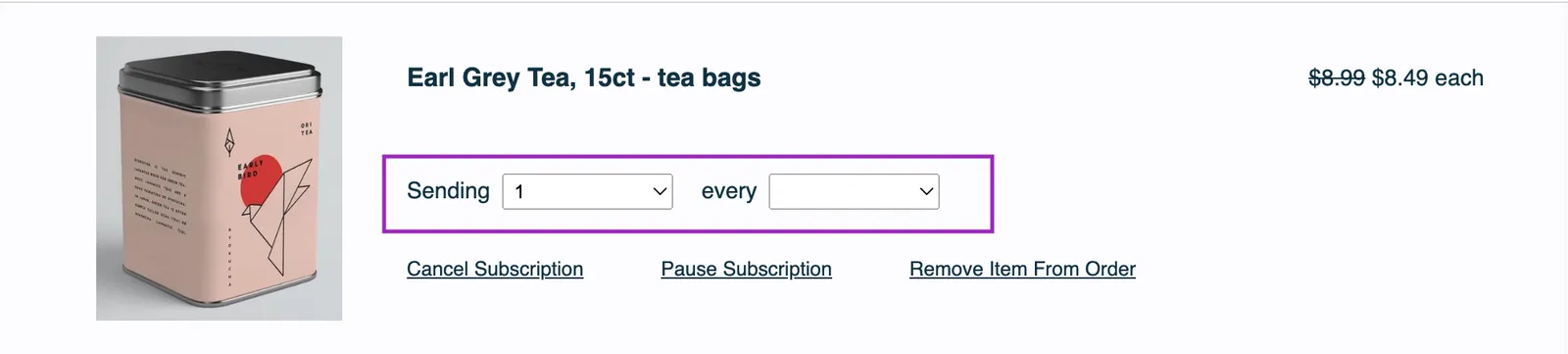 The product row of an unsent order, with the Frequency and Quantity Controls outlined in purple: the word Sending, a quantity dropdown showing 1, the word every, and a frequency dropdown that is blank.