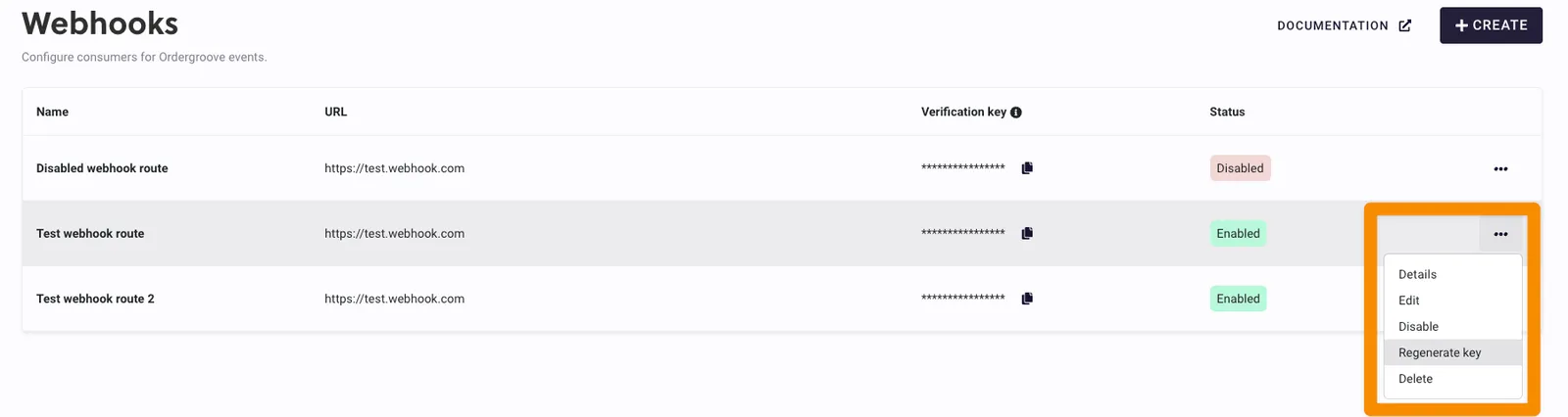 The Webhooks page in RC3 with three webhooks listed. The three-dot menu on the second row, Test webhook route, is open and outlined in orange, showing Details, Edit, Disable, Regenerate key, and Delete, with Regenerate key highlighted.