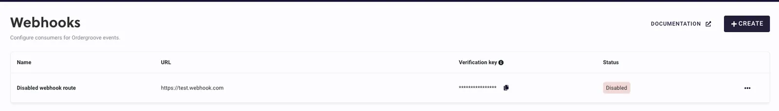 The Webhooks page in RC3 with one webhook already listed, and the dark Create button at the top right, next to a Documentation link. The table's columns are Name, URL, Verification key, and Status. The one row, Disabled webhook route, has a masked verification key and a Disabled status.