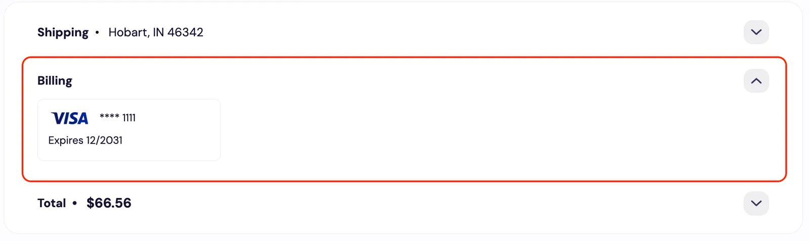 The Subscription Manager's payment details, which order-summary/payment-details.liquid renders, in the expanded Billing section outlined in red: a card tile with a Visa logo, a masked card number and an expiry date. The Shipping and Total rows are collapsed above and below it.