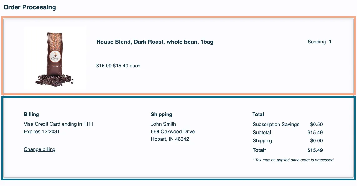 The Order Processing section of the legacy (v0) Subscription Manager, split into two outlined parts. A salmon outline marks the shipment-body, with the product photo, House Blend, Dark Roast, whole bean, 1bag, and Sending 1. A dark teal outline marks the shipment-footer, with the Billing, Shipping and Total panels.