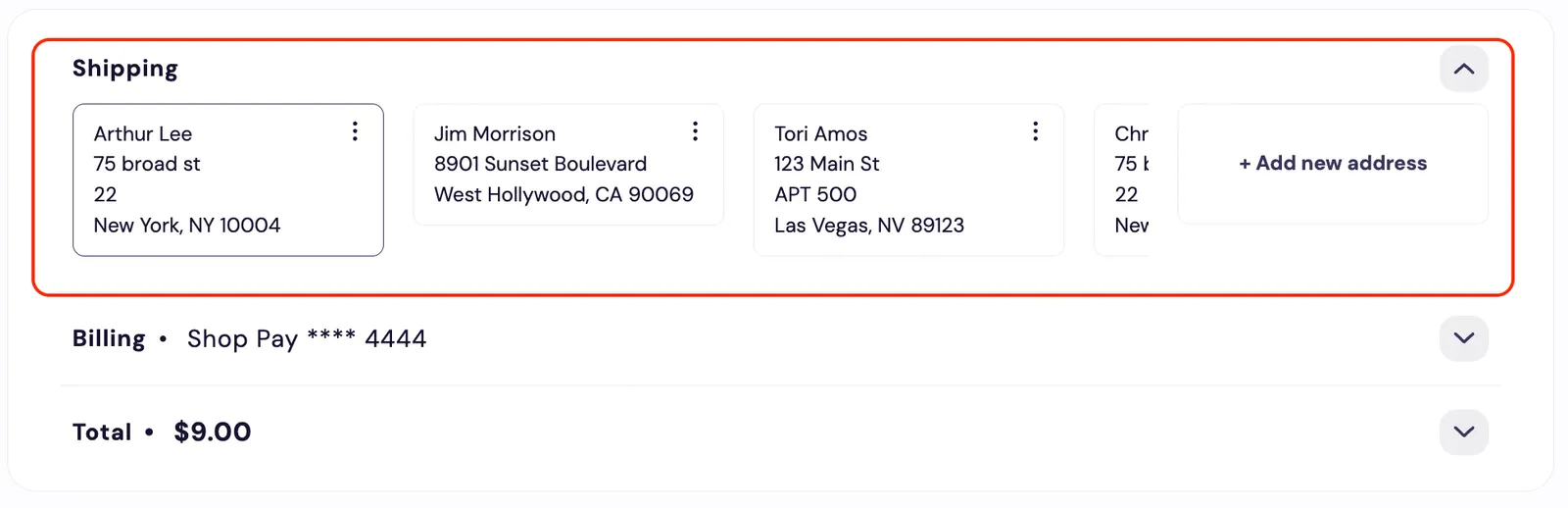 The Subscription Manager's Shipping section, which order-summary/shipping-details.liquid renders, expanded and outlined in red above collapsed Billing (Shop Pay) and Total ($9.00) rows. It shows a row of saved address cards, the first with a darker border and the fourth cut off, and a + Add new address card.
