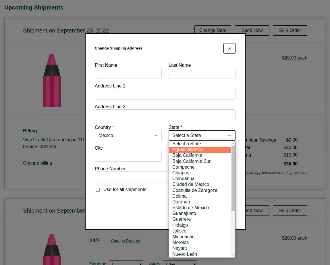 The Change Shipping Address modal in the Subscription Manager, with Mexico selected as the Country and the State dropdown open, listing Mexican states such as Aguascalientes, Baja California, and Chiapas below a Select a State prompt.