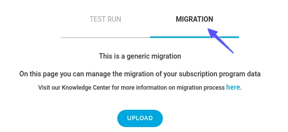The Migrations page in RC3 with the Migration tab selected and an arrow pointing at it, next to the Test Run tab. The page says 'This is a generic migration' and has an Upload button below.