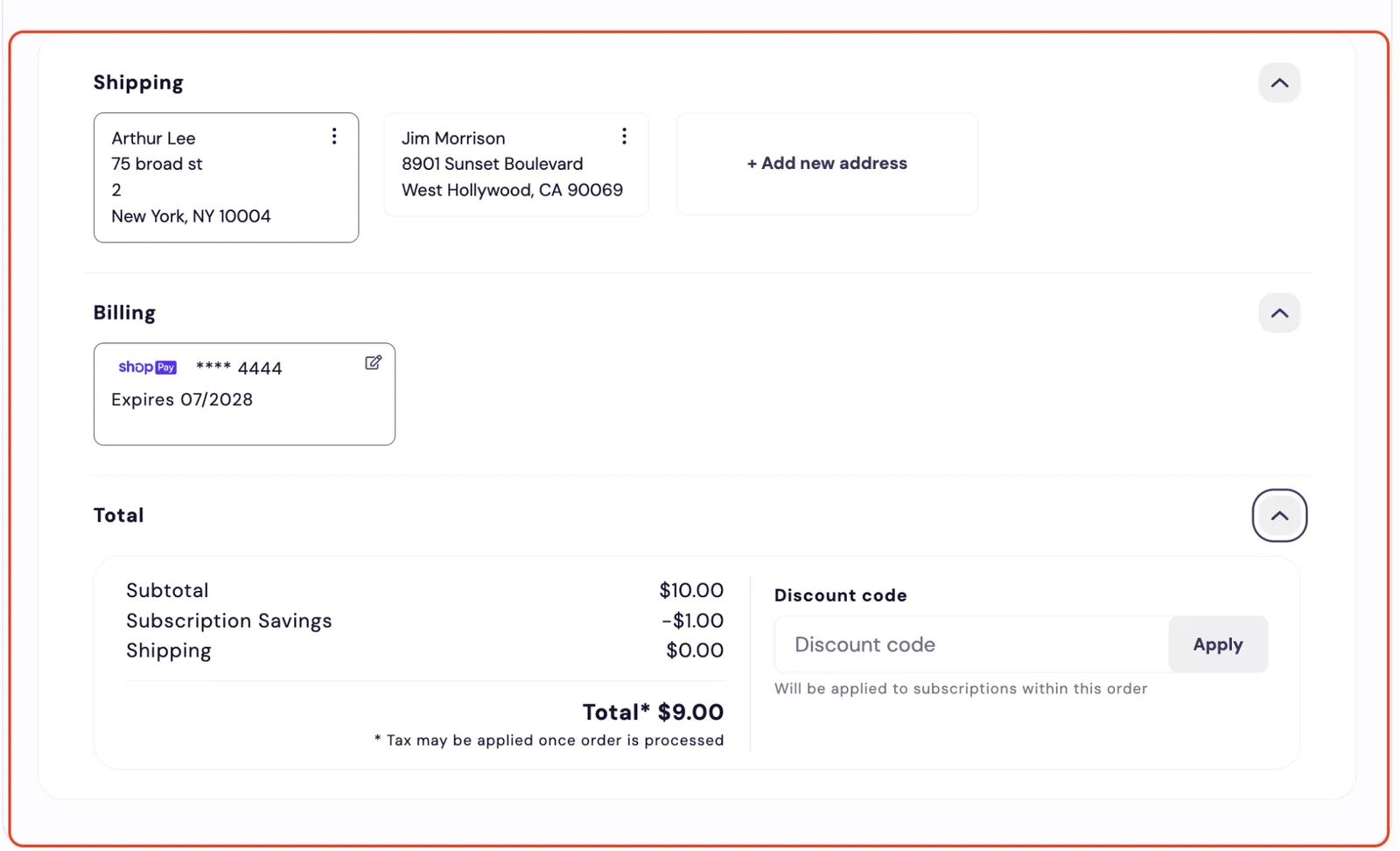 The Subscription Manager's order summary, which order-summary/main.liquid renders, outlined in red with Shipping, Billing and Total all expanded. Shipping shows two address cards, each with a three-dot menu button, and an Add new address card. Billing shows a Shop Pay card with an edit icon. Total shows the price breakdown beside the Discount code form and its Apply button.