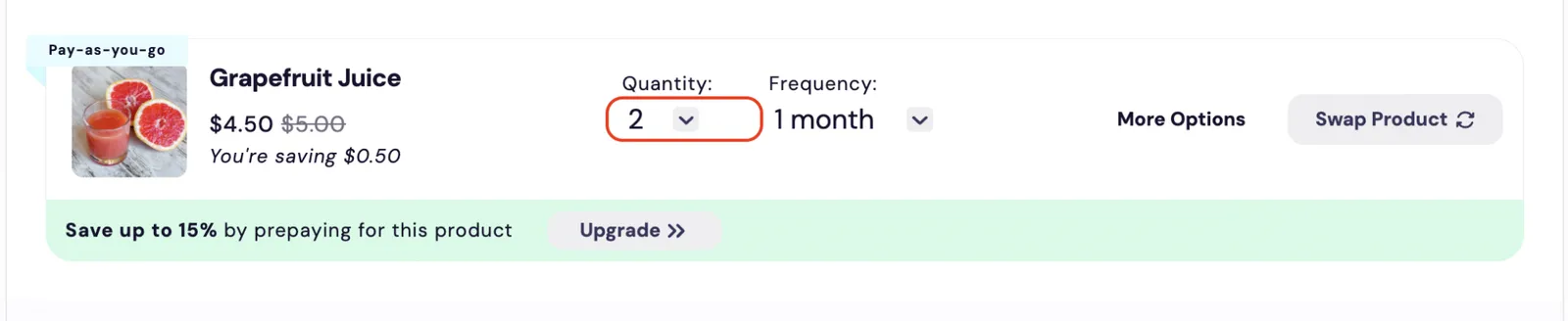 The Subscription Manager's Quantity dropdown, which order-item/quantity-select.liquid renders, outlined in red on the Grapefruit Juice order item and set to 2, beside the Frequency dropdown.
