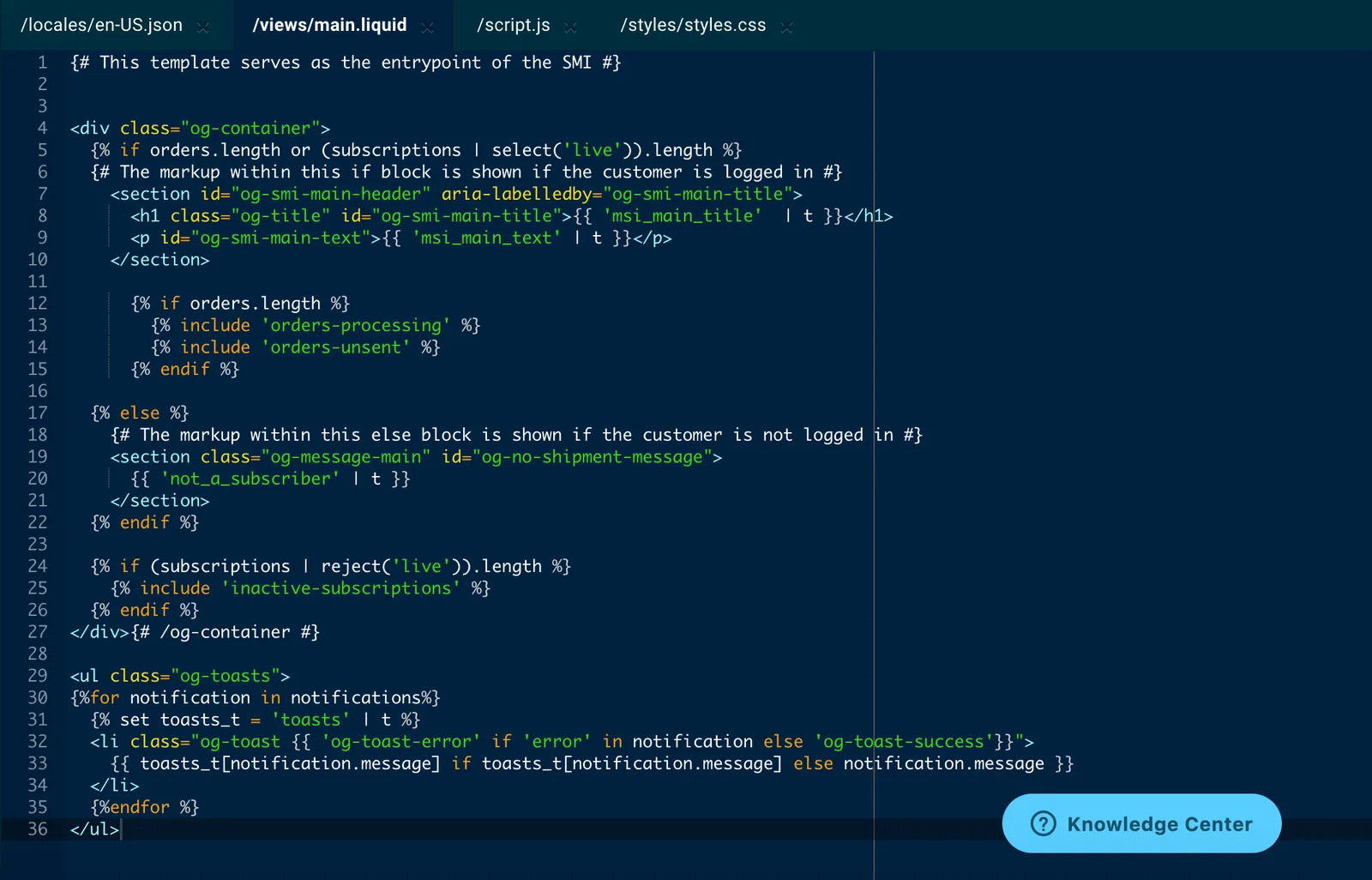 Liquid syntax highlighting in the advanced editor, with views/main.liquid open: HTML tag names in light blue, attribute names in yellow, Liquid keywords such as if, include and endif in orange, and quoted strings in green.