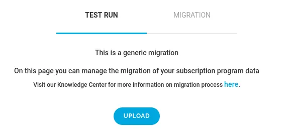 The Migrations page in RC3, with the Test Run tab selected next to the Migration tab. The page says 'This is a generic migration', links to the Knowledge Center, and has an Upload button below.