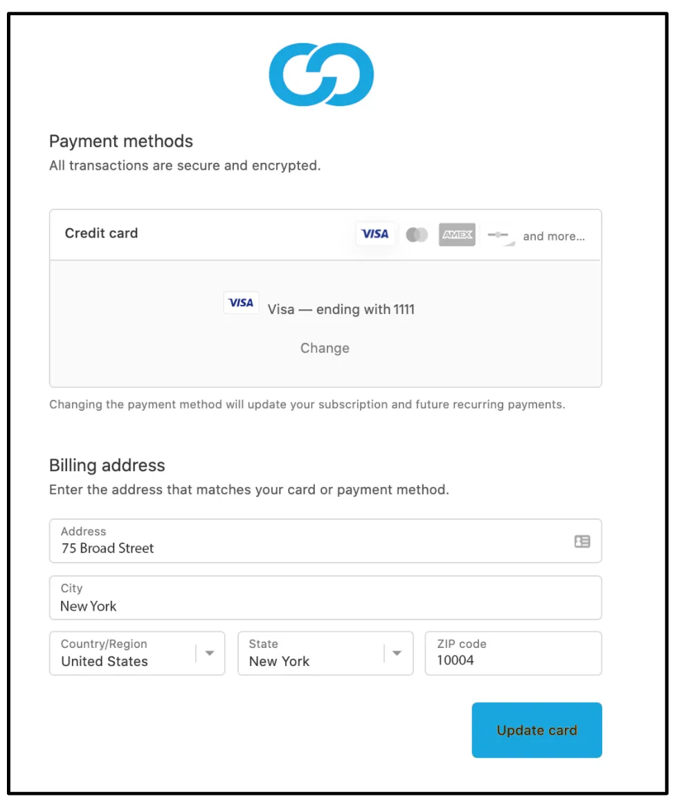 The checkout-style payment page on the store, where the customer provides new card details. A Payment methods section shows a saved Visa card with a Change link, and a note that changing the payment method updates the subscription and future recurring payments. Below it, a Billing address form has Address, City, Country/Region, State and ZIP code fields, followed by an Update card button.