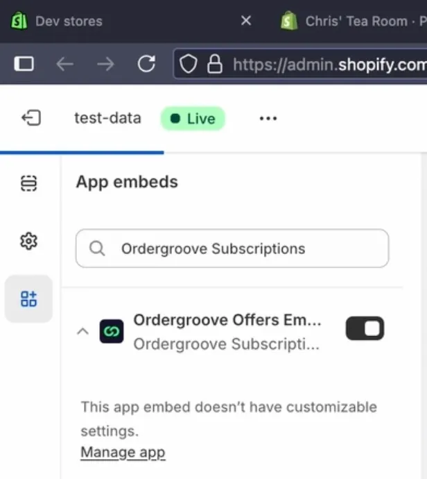 The App embeds panel in the Shopify theme editor, searched for Ordergroove Subscriptions, with the Ordergroove Offers Embed toggle switched on. A note below it says the app embed has no customizable settings.