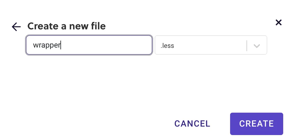The Create a new file dialog in the Subscription Manager advanced editor, with wrapper typed in the name field and the file extension dropdown set to .less. Cancel and Create buttons are at the bottom right.
