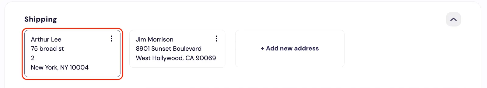 The Subscription Manager's shipping address card, which order-summary/shipping-address-card.liquid renders, outlined in red in the Shipping section. The card shows a test customer's name and address with a three-dot menu button. A second address card and an Add new address card sit beside it.