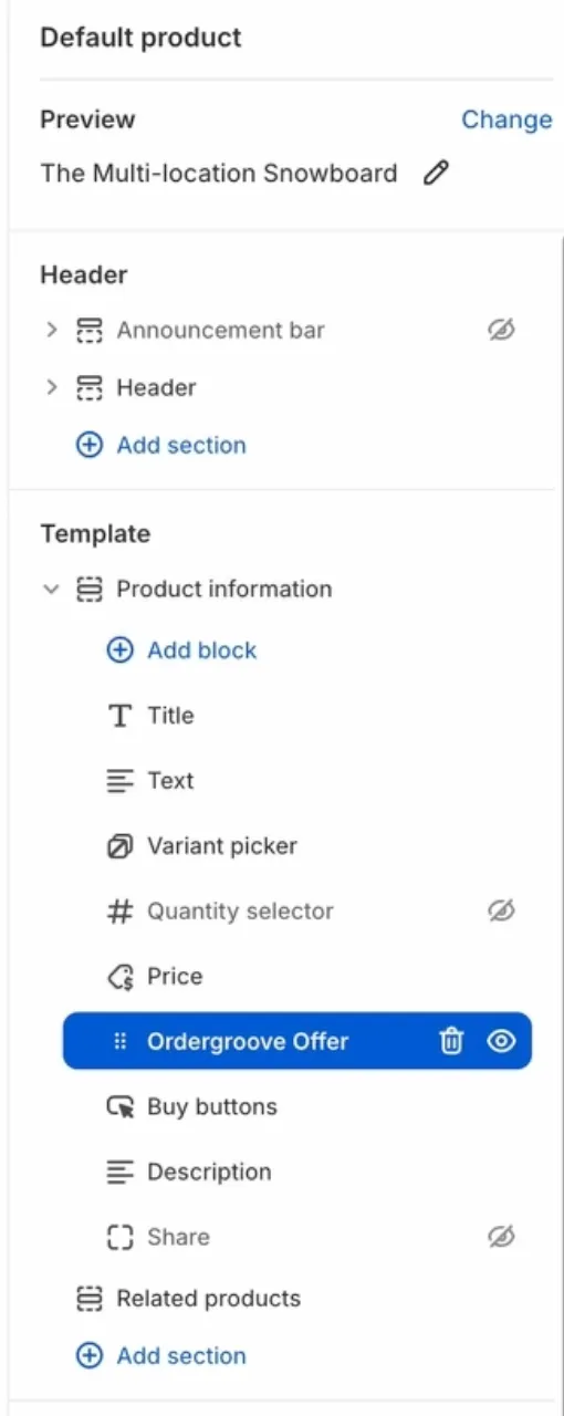 The Shopify theme editor sidebar for the Default product template. In the Product information section under Template, the Ordergroove Offer block is highlighted, placed directly beneath Price and above Buy buttons.