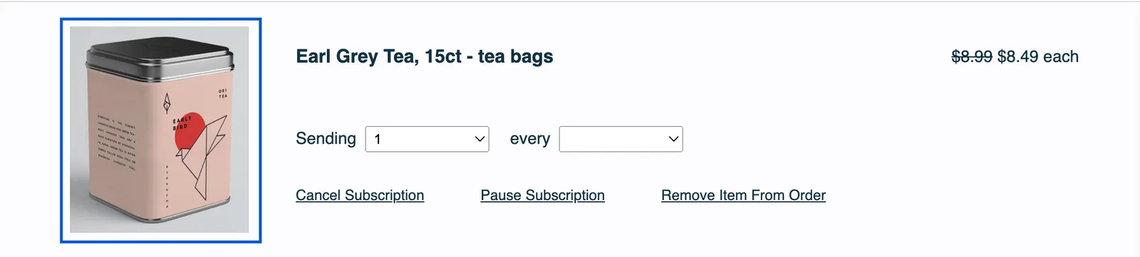 The product row of an unsent order, with the Product Image Container, the photo of an Earl Grey Tea tin on the left, outlined in blue. The name, dropdowns, links and price to its right are not outlined.