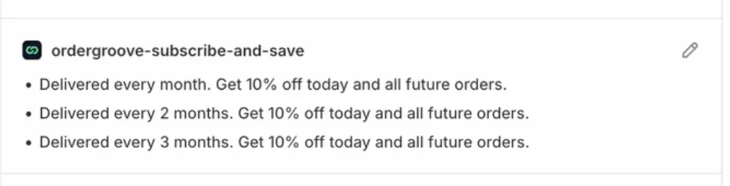 The ordergroove-subscribe-and-save entry in a product's Purchase options section in Shopify admin, with an edit icon. It lists three delivery options: every month, every 2 months and every 3 months, each with 10% off today and all future orders.