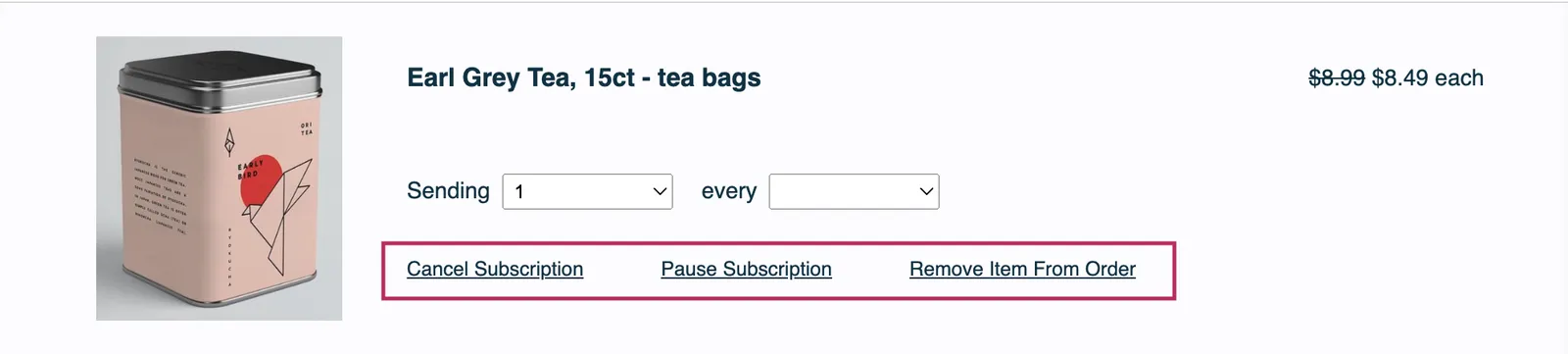 The product row of an unsent order, with the Remove Action Controls outlined in crimson: the Cancel Subscription, Pause Subscription and Remove Item From Order links below the dropdowns.