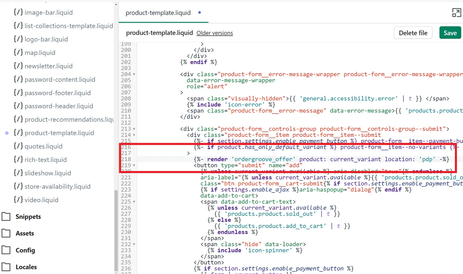 Shopify admin theme code editor open to product-template.liquid in the Debut theme, with the render 'ordergroove_offer' line, passing current_variant and location 'pdp', outlined in red just above the add to cart button markup.