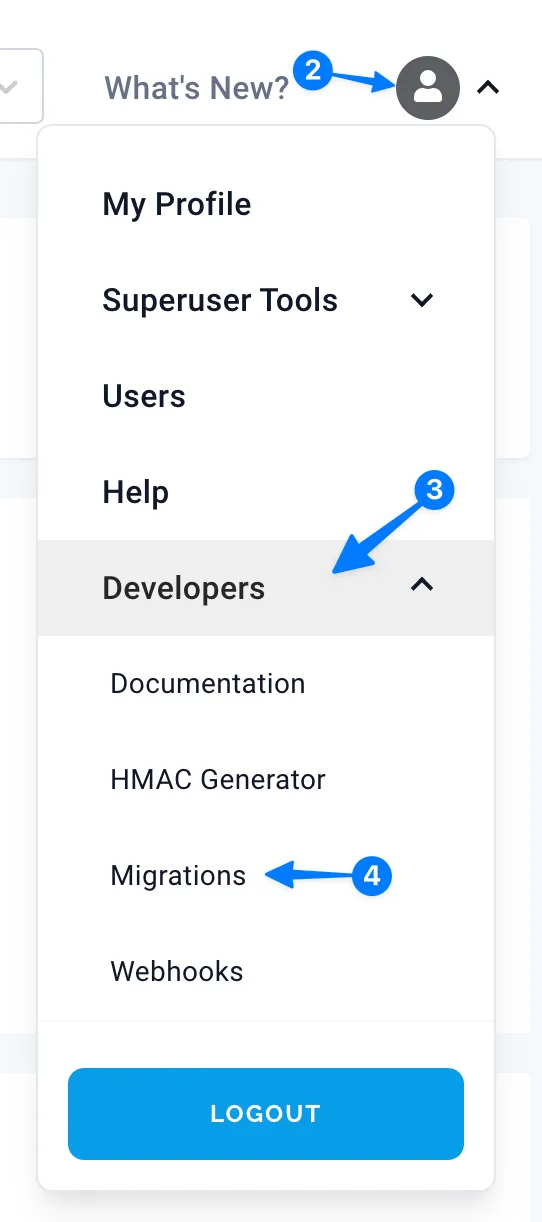 RC3's profile menu, opened from the profile icon beside What's New? in the top navigation. It lists My Profile, Superuser Tools, Users, Help, and an expanded Developers section with Documentation, HMAC Generator, Migrations, and Webhooks. Numbered arrows mark the profile icon, Developers, and Migrations.