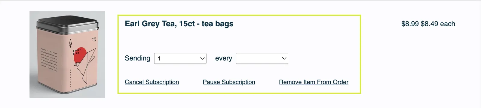 The product row of an unsent order, with Product and Controls outlined in yellow-green. It covers the product name, the Sending and every dropdowns, and the Cancel Subscription, Pause Subscription and Remove Item From Order links, but not the product photo or the price.