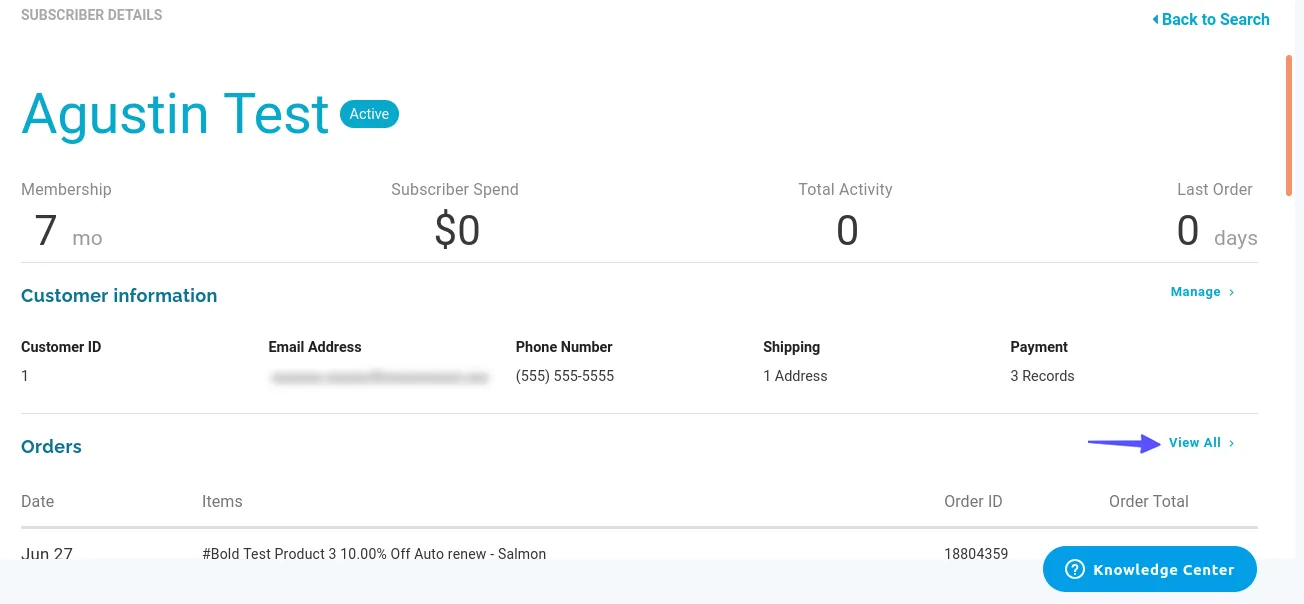 The Subscriber Details view in RC3 for an active test customer, with summary figures, a Customer information section (Customer ID, Email Address, Phone Number, Shipping, Payment), and an Orders section. An arrow points at the View All link at the right end of the Orders heading.