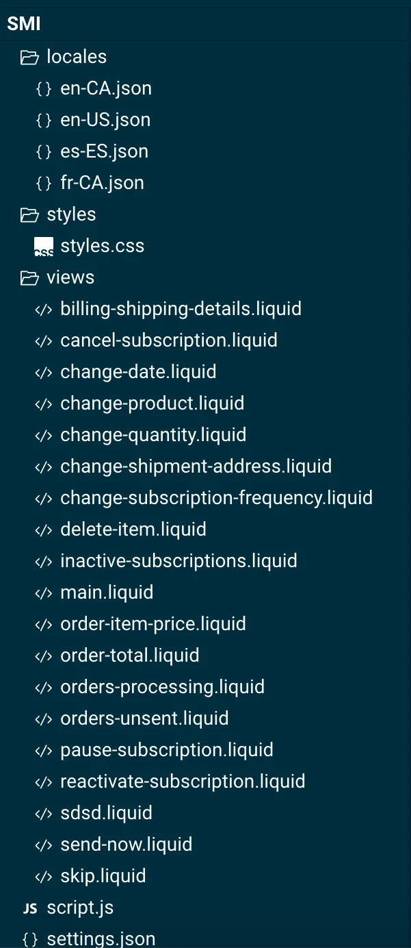 The advanced editor's file tree, headed SMI, with the locales, styles and views folders all expanded: locale JSON files such as en-US.json, styles.css, Liquid templates such as main.liquid and skip.liquid, then script.js and settings.json.