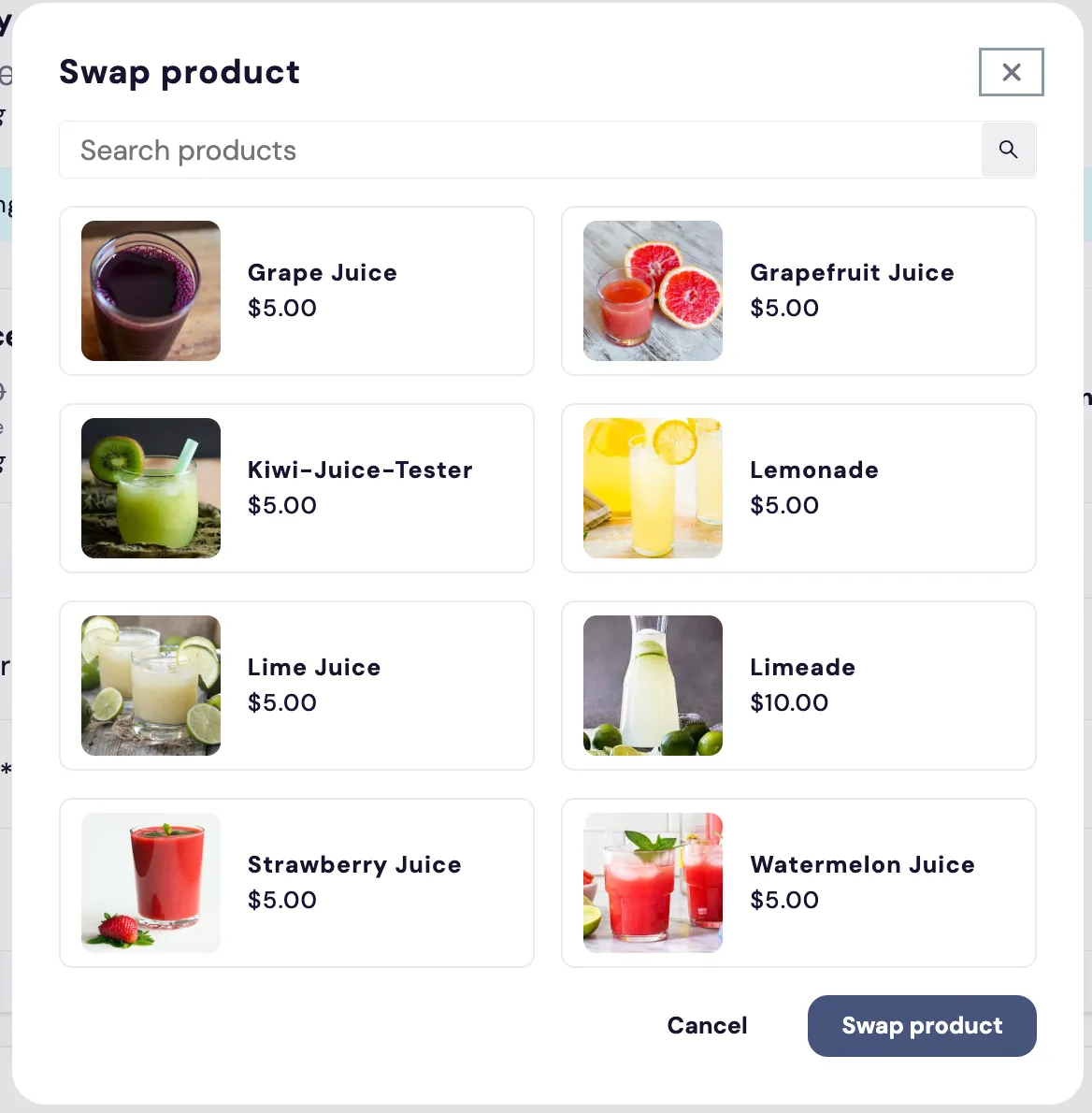 The Subscription Manager's Swap product dialog, which item-level-actions/sku-swap-product-change-dialog.liquid renders, with a Search products field at the top, a two-column grid of eight sample juice products, each showing a photo, name and price ($5.00 each, except Limeade at $10.00), and Cancel and Swap product buttons at the bottom.